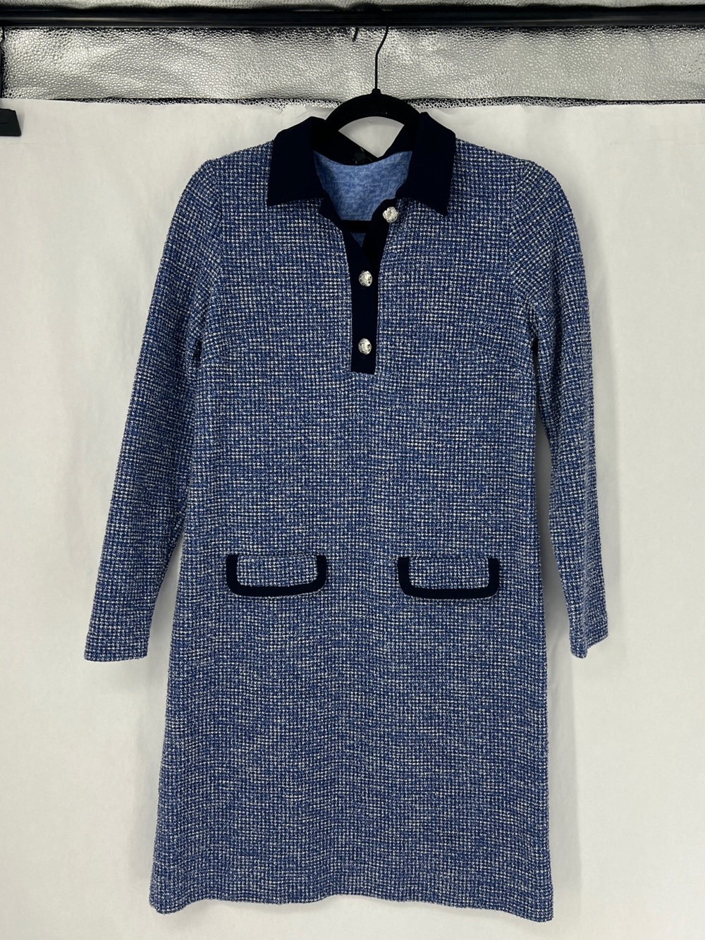 Talbots Blue Knit tweed Polo-Style Long Sleeve Dress with Navy Trim